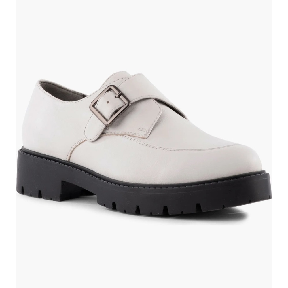 Seychelles Cream Leather Monk Strap Loafers with Black Lug Sole